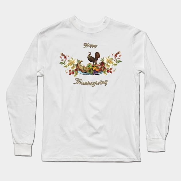 Happy Thanksgiving, with cute turkey, flowers and fruit Long Sleeve T-Shirt by Nicky2342